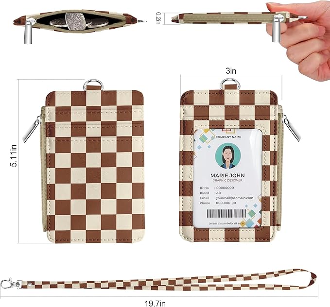 bolimoss Checkered Lanyard with Wallet, Badge Holder with Zipper Coin Pouch 5 Card Slots,Zip Id Case Wallet with Breakaway Lanyard for Cards, Cash, Key