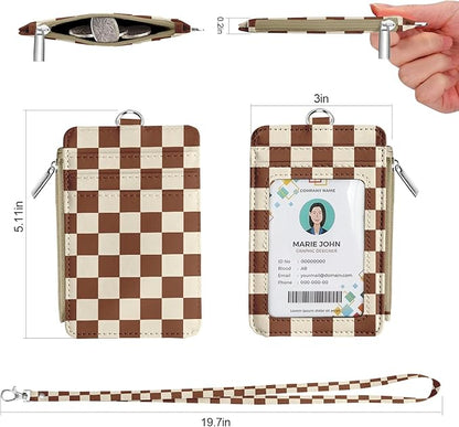 bolimoss Checkered Lanyard with Wallet, Badge Holder with Zipper Coin Pouch 5 Card Slots,Zip Id Case Wallet with Breakaway Lanyard for Cards, Cash, Key