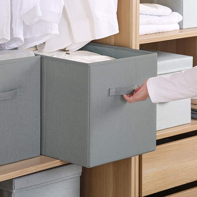 Basics Fabric Clothing Storage Bins - 10.6" x 10.6" x 11" - Collapsible Storage Cubes Organizer with Handles, Linen Foldable Storage Baskets Cloth Box Containers, Closet Organizers