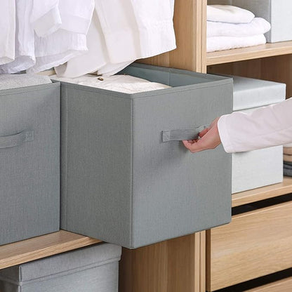 Basics Fabric Clothing Storage Bins - 10.6" x 10.6" x 11" - Collapsible Storage Cubes Organizer with Handles, Linen Foldable Storage Baskets Cloth Box Containers, Closet Organizers