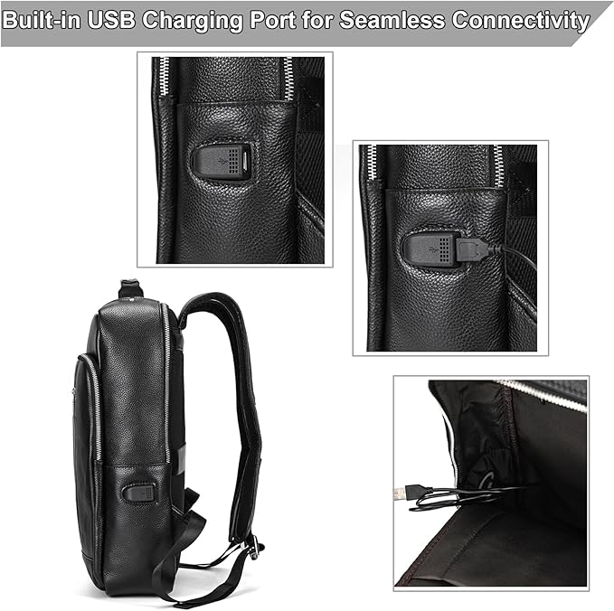 Genuine Leather 15.6 Inch Laptop Backpack for Men, Multi Pocket Slim Daypack Shoulder Bag with Trolley Sleeve for Business Travel (Black)
