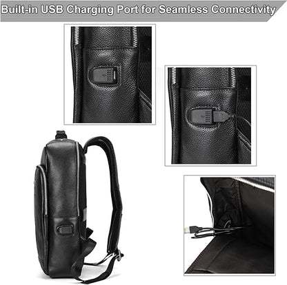 Genuine Leather 15.6 Inch Laptop Backpack for Men, Multi Pocket Slim Daypack Shoulder Bag with Trolley Sleeve for Business Travel (Black)