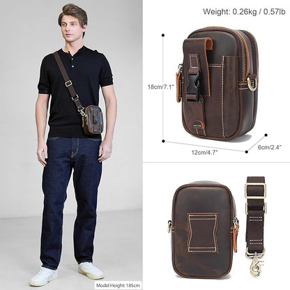 LANNSYNE Small Leather Messenger Bag, 3-in-1 Crossbody Shoulder Bag & Waist Belt Pouch, Sling Purse for Travel Business