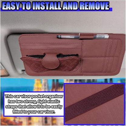 Car Sun Visor Organizer, Vehicle Sunglasses Holder, Automotive Storage Pocket for Pen, Glasses, Ticket, Card, Auto Interior Accessories Pocket for Car, SUV, Truck (Red)