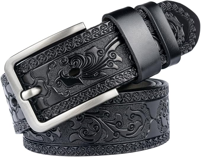 Men's Casual Genuine Leather Jeans Belts Vintage Leather Engraved Strap with Single Prong Buckle