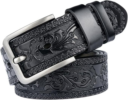 Men's Casual Genuine Leather Jeans Belts Vintage Leather Engraved Strap with Single Prong Buckle