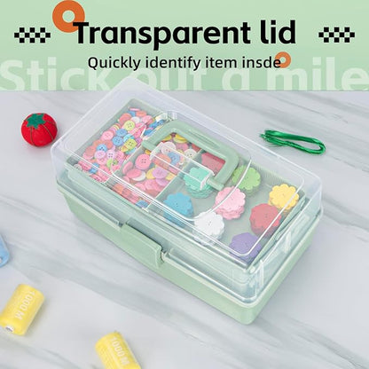 TERGOO 12.5in 3-Layer Multipurpose Craft Organizers and Storage with Adjustable Dividers, Portable Tackle Box, Folding Art & Craft Case for Medicine, Tool, Sewing Organizer (Haze Green)