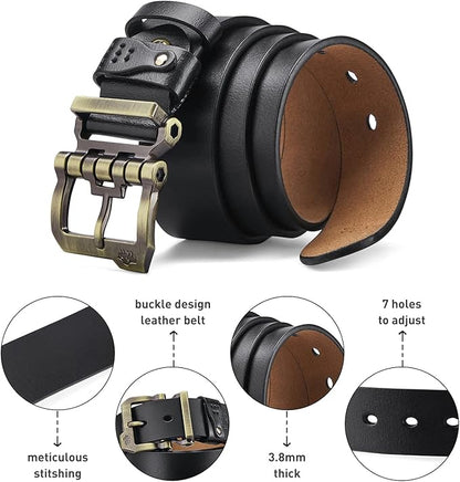 BISON DENIM Men's Belts Leather Dress Genuine Leather Classic Heavy Duty Buckle Belt Casual for Jeans