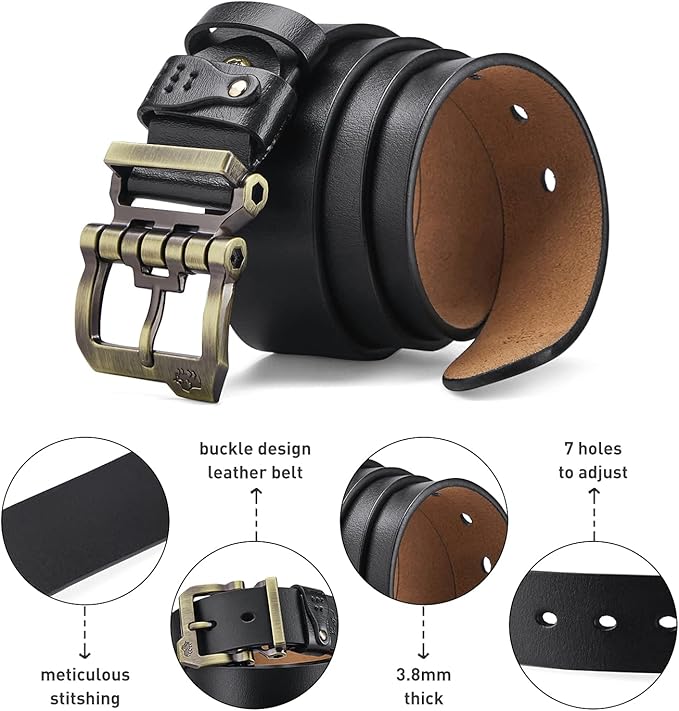 BISON DENIM Men's Belts Leather Dress Genuine Leather Classic Heavy Duty Buckle Belt Casual for Jeans