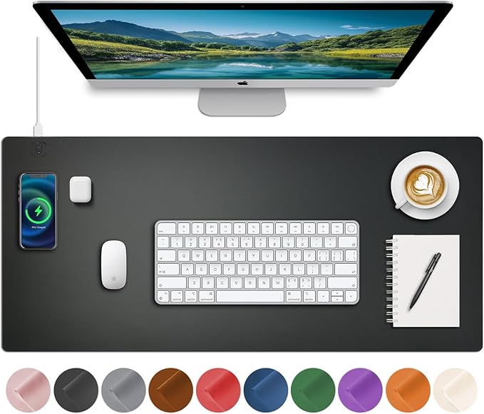 Desk Mat with Wireless Charging, Black Mouse Pad with Wireless Charger, Desk Pad Matt for Desktop, Mousepad Gaming Large Mouse Pad, Leather Compute for Keyboard and Mouse, 32" x 16"