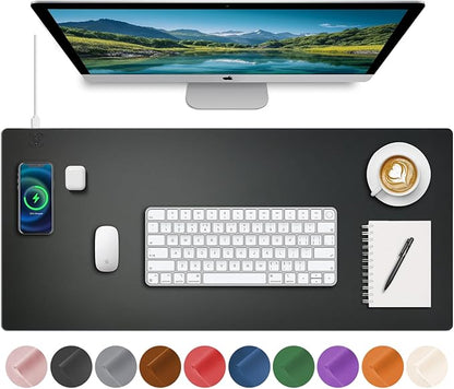 Desk Mat with Wireless Charging, Black Mouse Pad with Wireless Charger, Desk Pad Matt for Desktop, Mousepad Gaming Large Mouse Pad, Leather Compute for Keyboard and Mouse, 32" x 16"