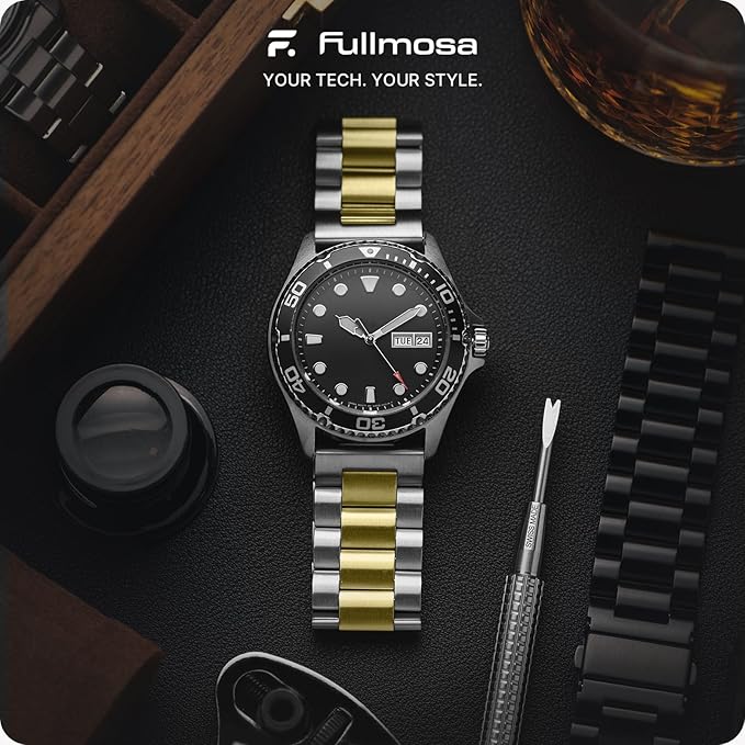 Fullmosa 22mm Stainless Steel Watch Band, Quick Release Metal Replacement Strap with Removable Links, Includes Spring Bars & Link Removal Tool for Men Women (Silver+Golden)