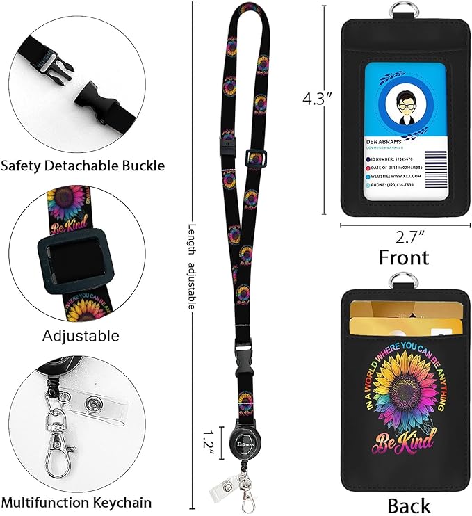 bolimoss Be Kind ID Badge Holder with Lanyard, Sunflower Breakaway Lanyard & Retractable Badge Reel