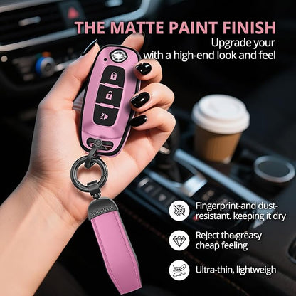 For Nissan Key Fob Cover Accessories- Matte TPU Key Fob Cover with Leather Keychain for 2023 2024 2025 2026 Rogue Pathfinder Versa 2025 2026 Sentra Patrol Armada Smart and More