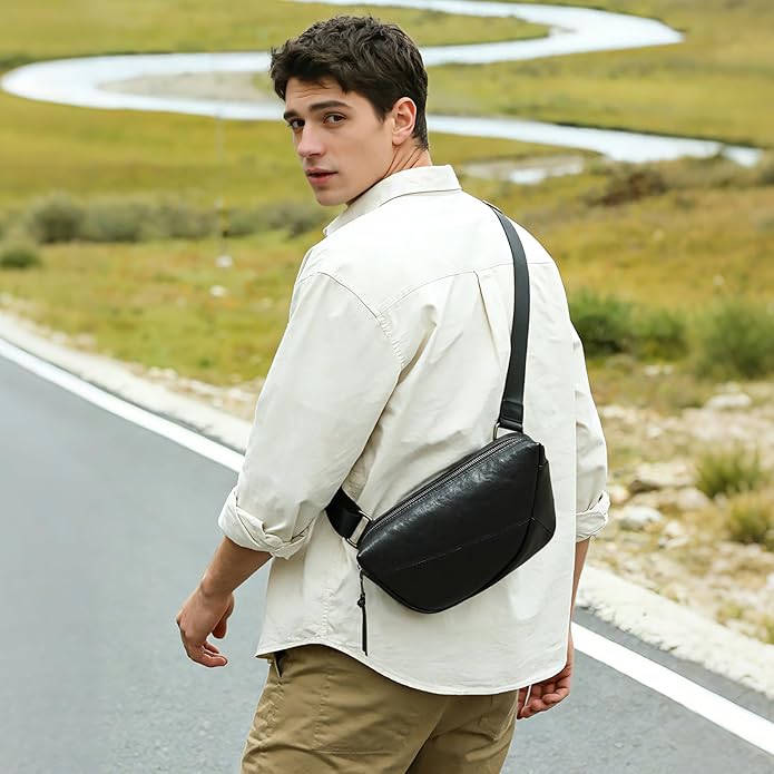NIUCUNZH Genuine Leather Mens Sling Bag for Women Vintage Small Crossbody Bags Purse for Hiking Travel Chest Daypack