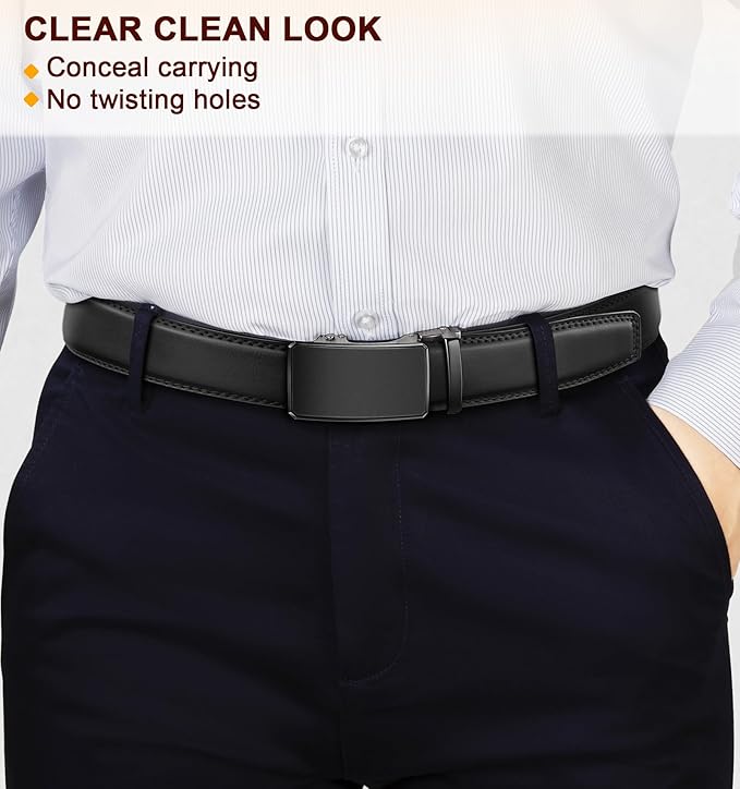 KEMISANT Men Belt 2 Pack, Leather Ratchet Belt Easy Click Slide For Men 1 3/8",Cut for Fit