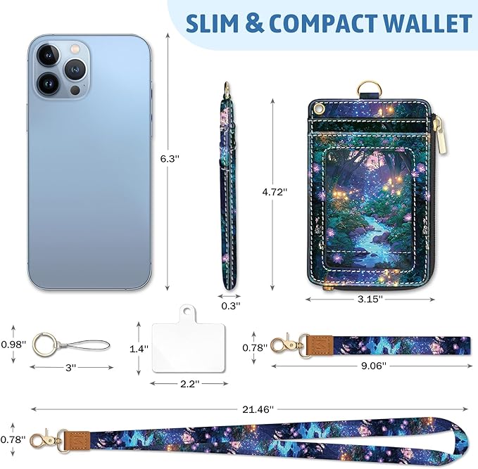 Forest Firefly Lanyard Wallet with ID Badge Holder, Floral Small RFID Wallet Women Keychain Wristlet, Slim Credit Card Holder with Zipper Pocket Phone Lanyard Wrist Strap Name Tag Office Teacher Gift