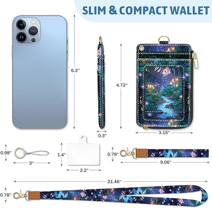 Forest Firefly Lanyard Wallet with ID Badge Holder, Floral Small RFID Wallet Women Keychain Wristlet, Slim Credit Card Holder with Zipper Pocket Phone Lanyard Wrist Strap Name Tag Office Teacher Gift