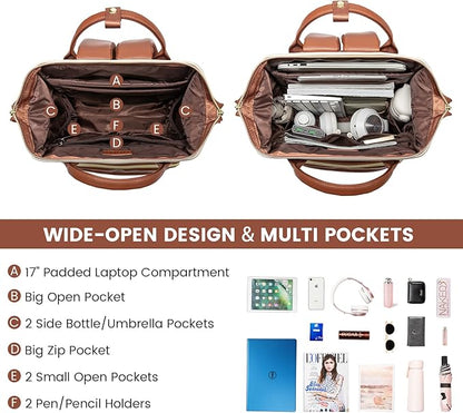 LOVEVOOK Leather Backpack for Women,17 inch Leather Laptop Backpack Women,Professional Work Backpack Nurse College Teacher Bag,Womens Laptop Tote Bag Computer Travel Backpack Purse,Beige White-Brown