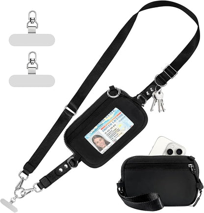 Tiostep Clip and Go Strap for Phone with Wallet Crossbody Phone Lanyard Adjustable and Detachable RFID Wristlet Wallet with ID Window and Zipper, Black(L)