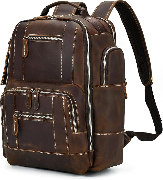 Vintage Full Grain Leather Backpack for Men, 16" Laptop Rucksack For Men Hiking Trave Work Business Bag, 9517 Brown