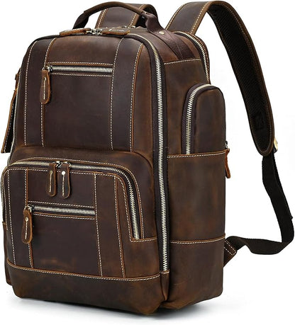 Vintage Full Grain Leather Backpack for Men, 16" Laptop Rucksack For Men Hiking Trave Work Business Bag, 9517 Brown