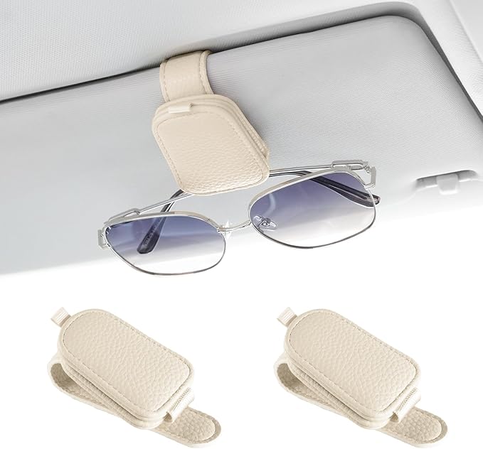 JUSTTOP 2 Pack Sunglasses Holders for Car, Magnetic Leather Buckle Sun Visor Sunglass Clip, Ticket Card Clip Sunglasses Mount, Car Interior Accessories for Men and Women (Beige)