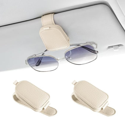 JUSTTOP 2 Pack Sunglasses Holders for Car, Magnetic Leather Buckle Sun Visor Sunglass Clip, Ticket Card Clip Sunglasses Mount, Car Interior Accessories for Men and Women (Beige)