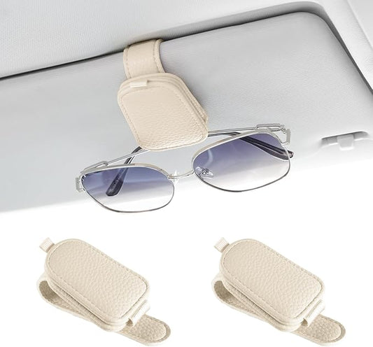 JUSTTOP 2 Pack Sunglasses Holders for Car, Magnetic Leather Buckle Sun Visor Sunglass Clip, Ticket Card Clip Sunglasses Mount, Car Interior Accessories for Men and Women (Beige)