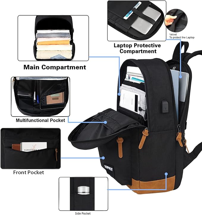 Lightweight Travel Laptop Backpack, Backpack with USB Charging Port For Men and Women, Carry-on Back pack, Casual Work Bag(Black Set)