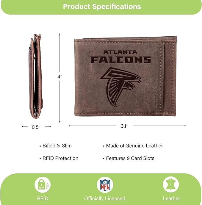 Team Sports America NFL Atlanta Falcons Front Pocket Slim Wallet for Men | Minimalist Leather RFID Blocking Bifold Card Holder with Money Clip | Officially Licensed Stamped Logo