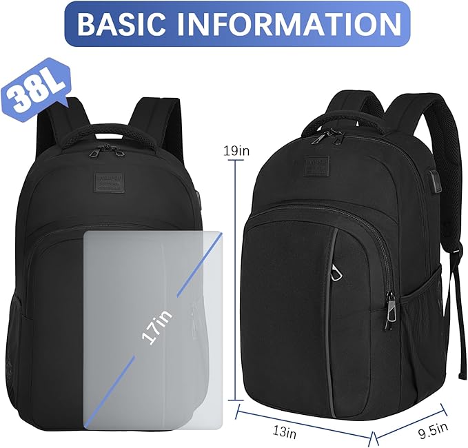 LARIPOP Carry On Backpack for Airplane, 17.3 Inch Laptop Backpack with USB Charging Port, Water Resistant Business Travel Backpack, Lightweight College School Bookbag Anti Theft for Men Women, Black