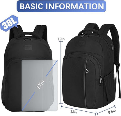 LARIPOP Carry On Backpack for Airplane, 17.3 Inch Laptop Backpack with USB Charging Port, Water Resistant Business Travel Backpack, Lightweight College School Bookbag Anti Theft for Men Women, Black