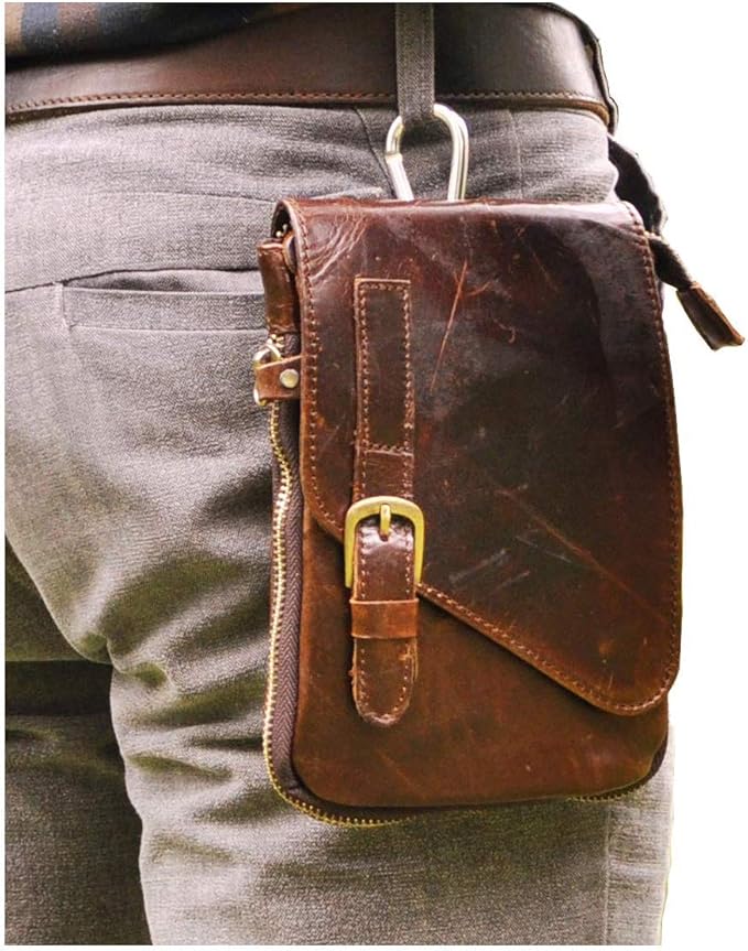 Le'aokuu Mens Genuine Leather Small Messenger Shoulder Satchel Phone Pouch Belt Waist Bag Pack