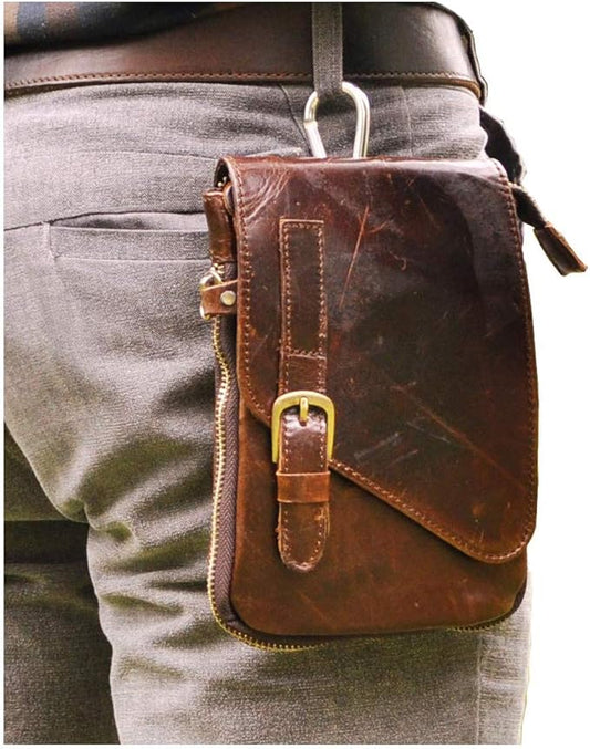 Le'aokuu Mens Genuine Leather Small Messenger Shoulder Satchel Phone Pouch Belt Waist Bag Pack