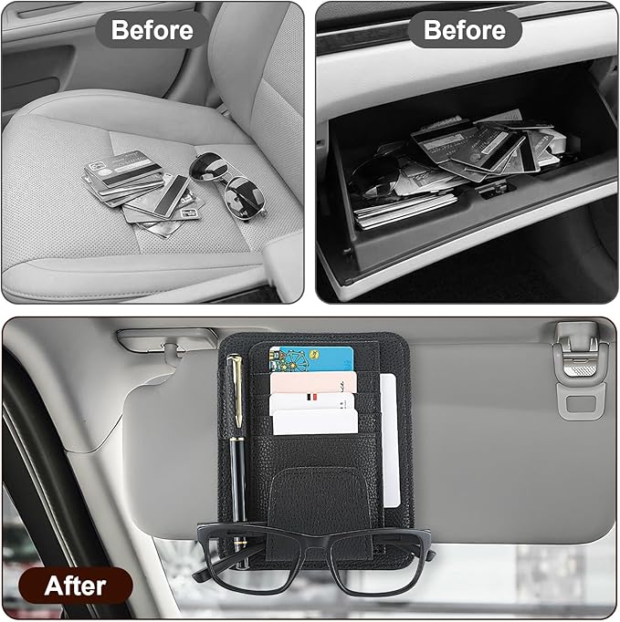 Small Leather Car Sun Visor Organizer with Storage Pouch & Sunglasses Clip, Auto Card Holder Registration/Insurance Slot, Credit Card Pockets, Automotive Interior Organizer for Cars Sun Visor(Black)