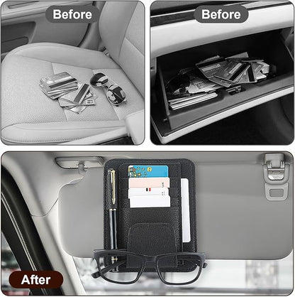 Small Leather Car Sun Visor Organizer with Storage Pouch & Sunglasses Clip, Auto Card Holder Registration/Insurance Slot, Credit Card Pockets, Automotive Interior Organizer for Cars Sun Visor(Black)
