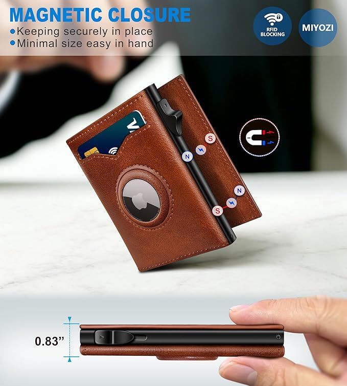 miyozi Airtag Wallet for Men,with Cash Pocket 2 ID Window 9-12 Cards,Metal Case Smart Slim Pop Up Credit Card Holder Flip with Magnetic Closure RFID Blocking Trifold wallet with Gift Box