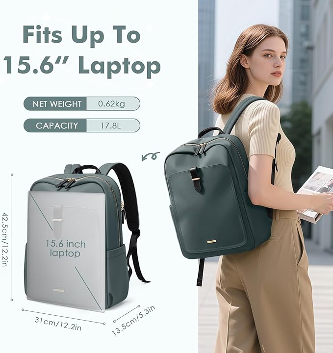 Laptop Backpack for Women,Casual Work Business Backpacks Purse Carry on Travel Backpack,15.6 Inch,Dark Green