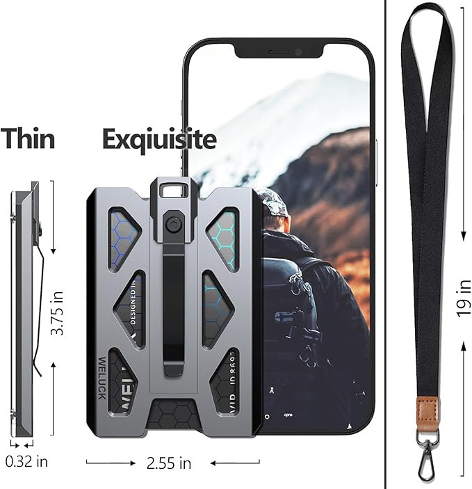 ID Badge Holder, Durable Aluminum ID Card Holder/Wallet with Lanyard and Metal Clip, 4 Cards/ID Badges Holder by WELUCK, for Business Office Work Police Outdoor Gift (Grey01)