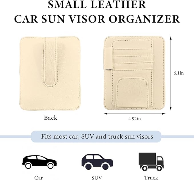 Small Leather Car Sun Visor Organizer, Auto Visor Pouch Card Sleeve Pocket with Sunglasses Clip, Multifunctional Sunvisor Wallet Holder for Driving License Pen Tickets (Beige)