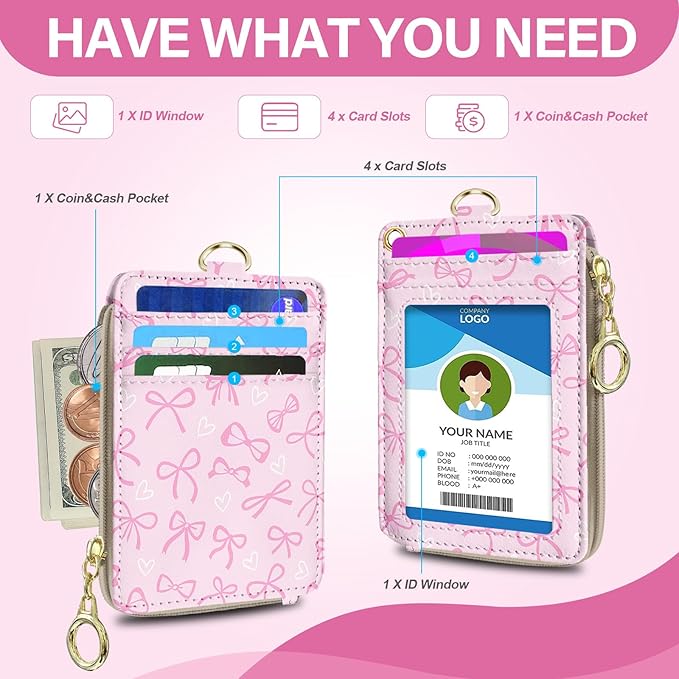 Bowknot Lanyard Wallet with Id Badge Holder, RFID Small Keychain Wallet Lanyard for Women Wristlet, Pu Leather Zipper Credit Card Holder Phone Wrist Neck Strap for Key Name Tag - Pink