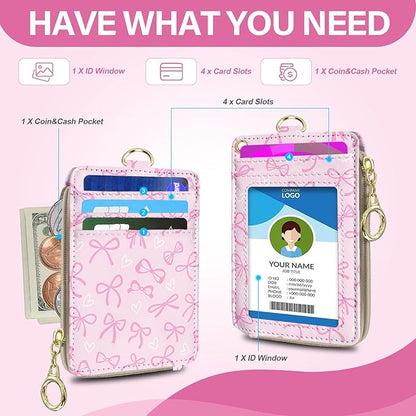 Bowknot Lanyard Wallet with Id Badge Holder, RFID Small Keychain Wallet Lanyard for Women Wristlet, Pu Leather Zipper Credit Card Holder Phone Wrist Neck Strap for Key Name Tag - Pink
