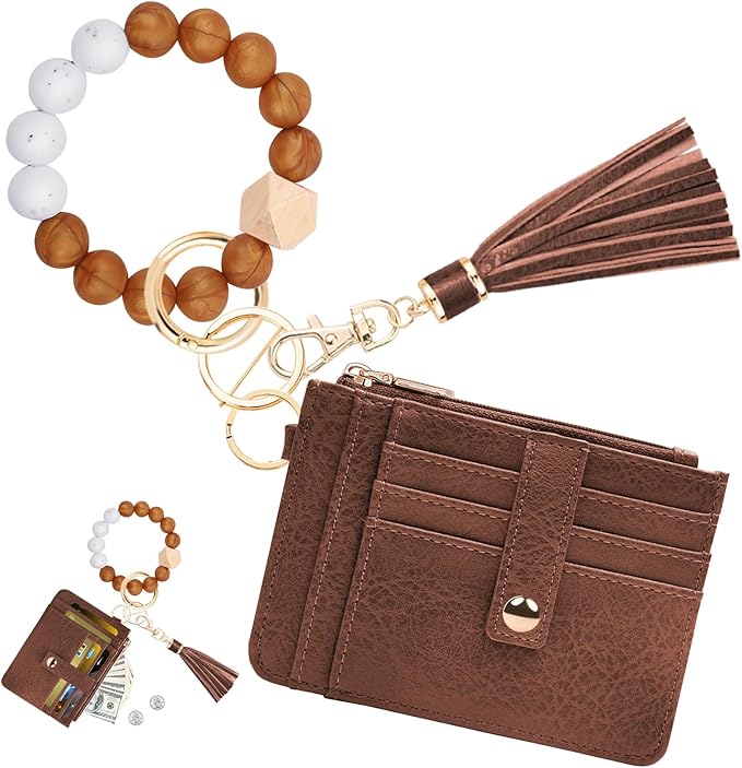 KNGITRYI Wallet Keychain Wristlet for Women,Slim RFID Credit Card Holder Purse Tassel Keychain Bangle Key Ring for Men Women