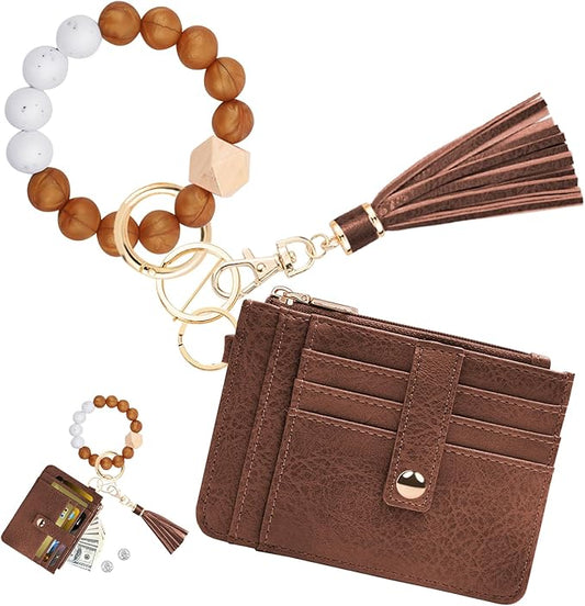 KNGITRYI Wallet Keychain Wristlet for Women,Slim RFID Credit Card Holder Purse Tassel Keychain Bangle Key Ring for Men Women