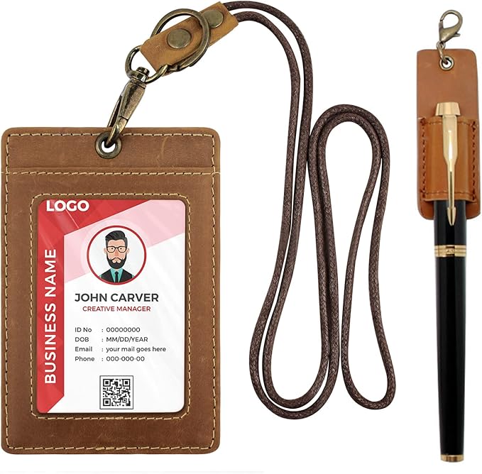 Office Badge Holder - Boshiho Genuine Leather Credit ID Card Holder with Neck Lanyard Pen Clip Vertical Style (Crazy Horse Leather Brown)