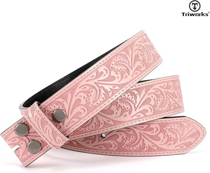 TRIWORKS Western Belt Strap for Men without Buckle 1.5" Wide Floral Engraved Embossed Leather Belt Strap