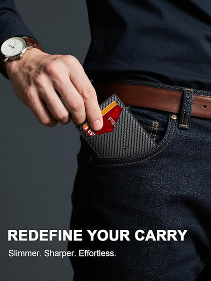 Wallet for Men, Slim Minimalist Wallet with Money Clip＆ID Window, RFID Blocking Pop-Up Credit Card Holder, Smart Auminum Mens Wallet Holds 9-13 Cards (Gift Box) (Carbon Fiber & Orange)
