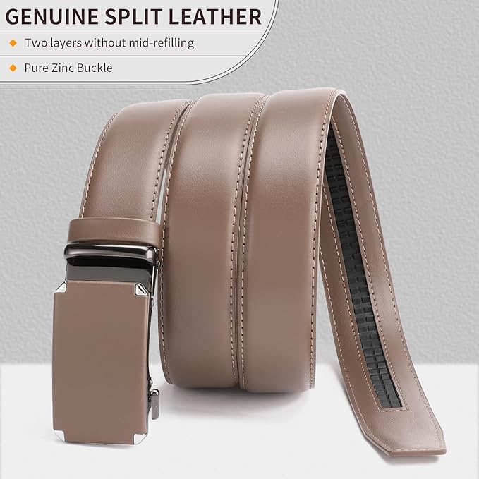 GAEKEAO Ratchet Belts for Men Dress Casual 1 3/12" Adjustable Genuine Leather Slide Buckle Designer Belt with Box Trim to Fit