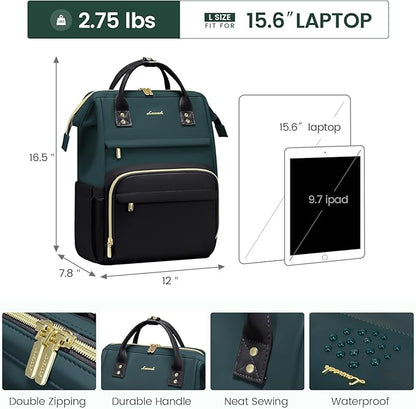 LOVEVOOK Leather Backpacks for Women,15.6 inch Leather Laptop Backpack Women,Professional Work Backpack Nurse College Teacher Bag,Womens Laptop Computer Travel Backpacks Purse,Dark Blue-green-Black